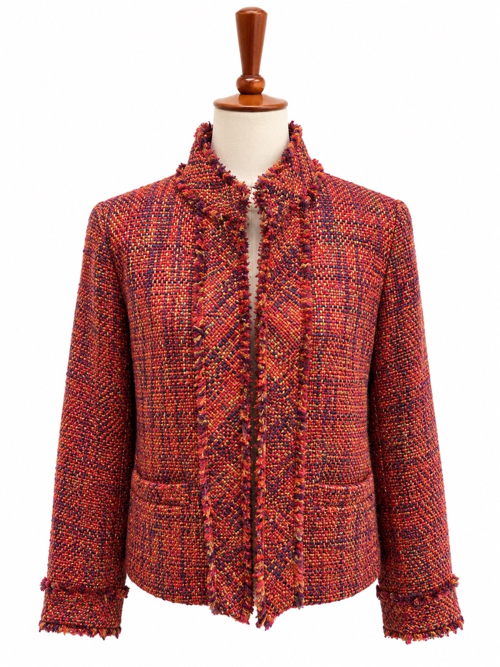 Coldwater Creek Tweed Jacket Fall Fringe Women’s Red Orange Petite Medium